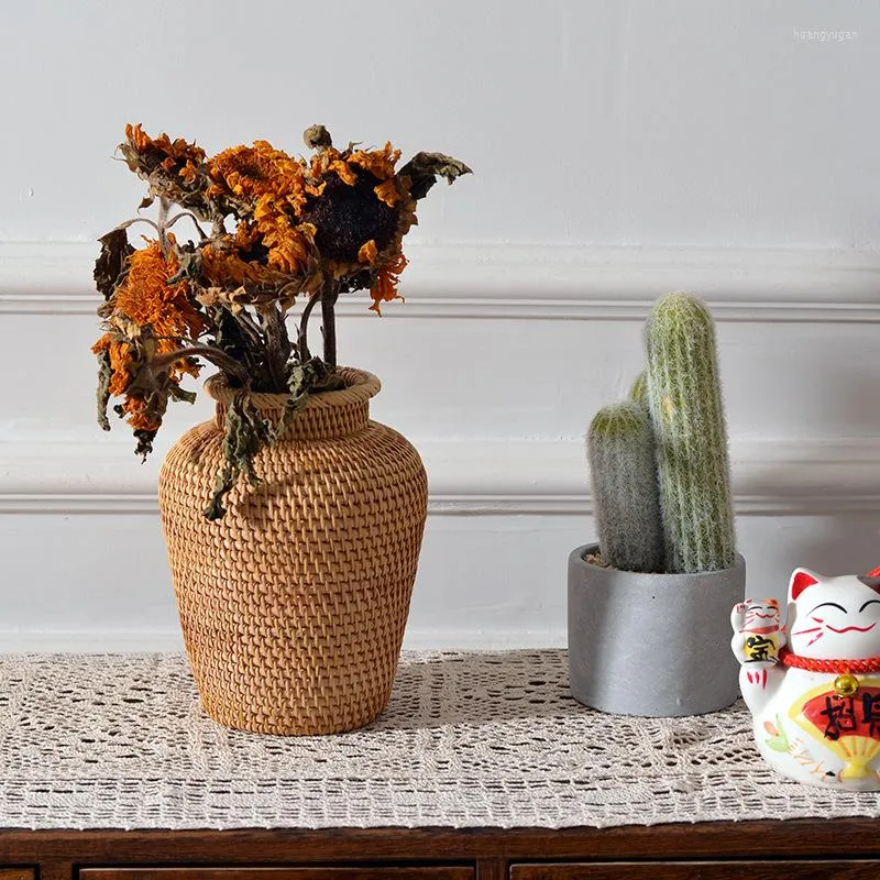 Förvaringsflaskor Autumn Rattan Woven Desktop Vase Shooting Props American Furniture Flower Basket Containers