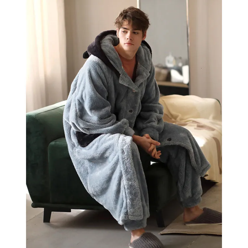Mäns Sleepwear Coral Fleece Nightgown Winter Plus Size Suit Thicken Warm Flanell Bathrobe Fashion Man Pyjama Set Robes Set 230111