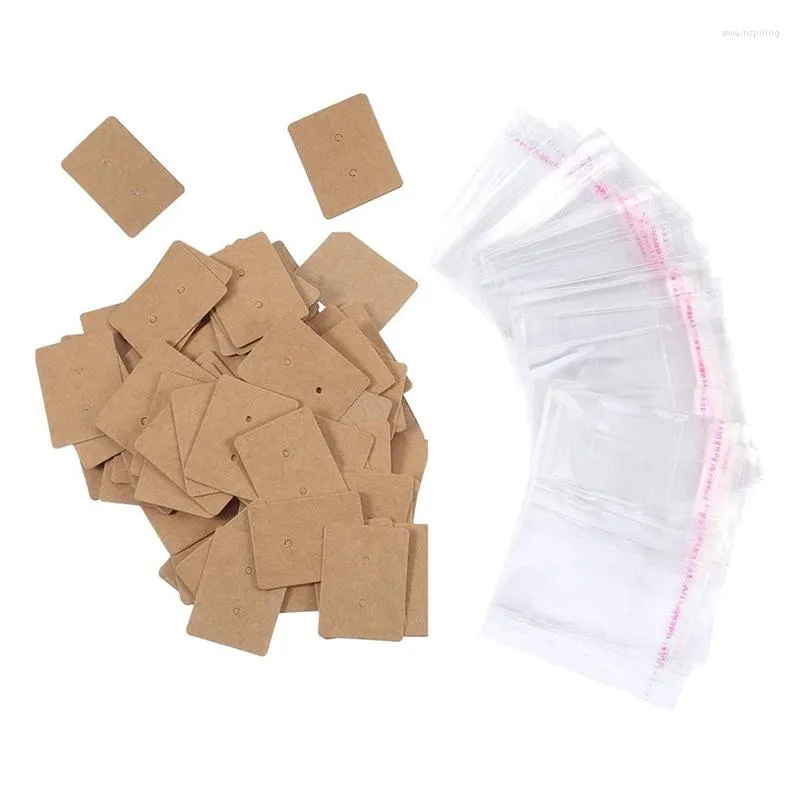 Jewelry Pouches 200 Pack Kraft Paper Earring Display Card Stud Cards Tags With Self-Adhesive Bag