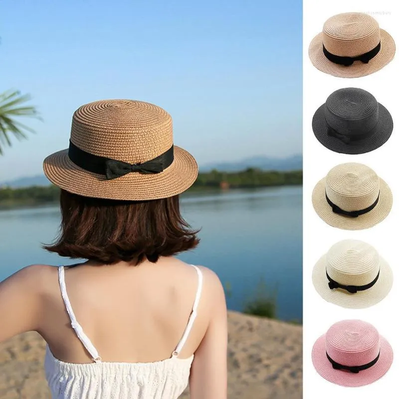 Geniş ağzına kadar şapka güneş şapka bowknot yaz saman samanı kadın erkek plaj rahat bayan kızlar düz kadınlar