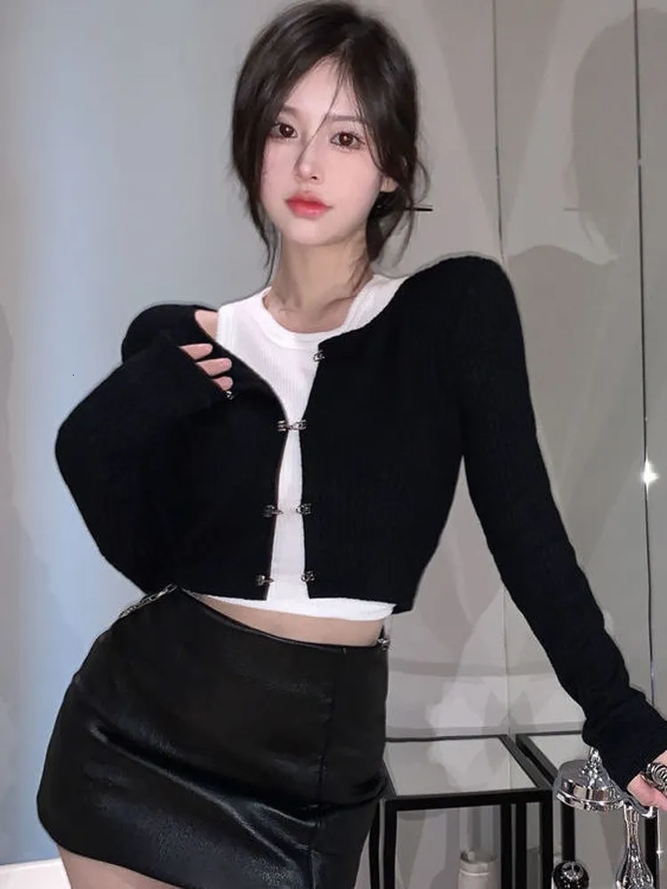 Women's Knits Tees Korean Chic Asymmetrical Solid Knitted Crop Cardigan Sleevelees Tank Top Women Casual Y2k Two Pieces Sets All Match Outfits 230111