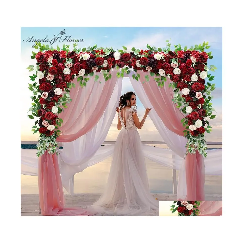 Decorative Flowers Wreaths 140Cm Custom Bury Wine Red Artificial Flower Wall Garland Table Centerpiece Wedding Backdrop Decor Part Dhl6H