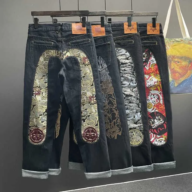 Mens Jeans Straight Pants Man Skeleton Embroidery Mopping Trousers Streetwear Denim Clothing for Men Baggy T230110 6B1Y