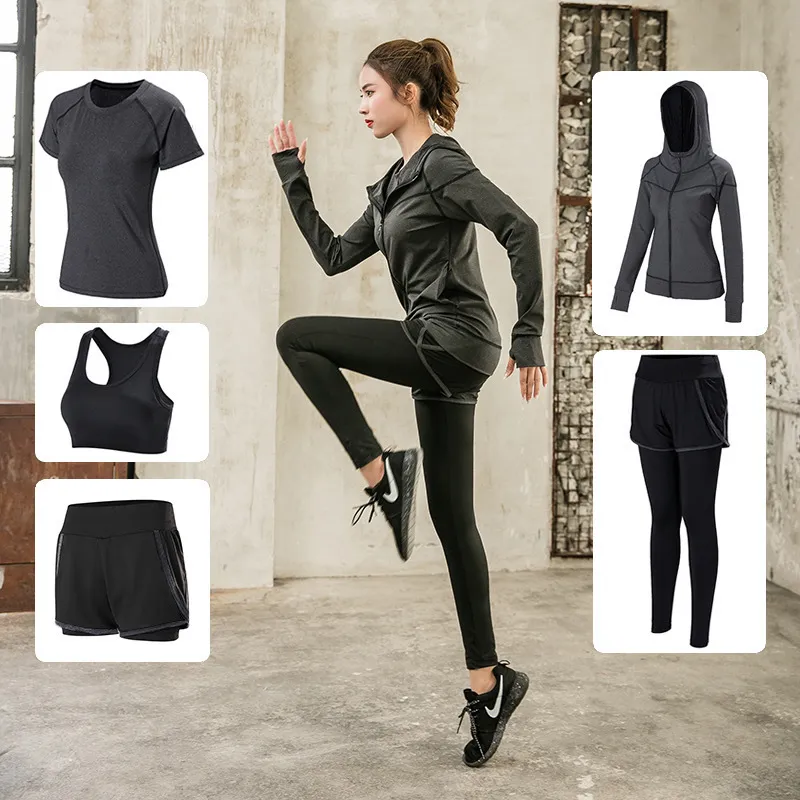 Tute da donna Sport 5 pezzi Set da corsa Tuta da donna Calzamaglia da yoga Quick Dry Abbigliamento da jogging Allenamento Palestra Fitness Tuta Abbigliamento 230111