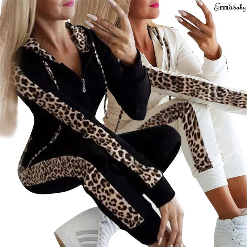 Kvinnors spårsättningar Autumn Set Leopard Print Hoodies Sweatshirt Crop Topps Long Pants Set Ladies Sports Jogging Suits 230111