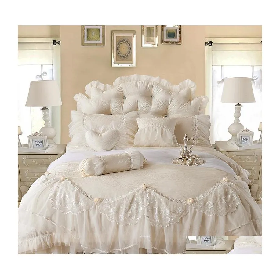 Bedding Sets Cotton Jacquard Lace Princess Bed Set Wedding Queen King Size Bedlinen Sheet Boho Duvet Er Bedclothes Drop Delivery Hom Dh45W