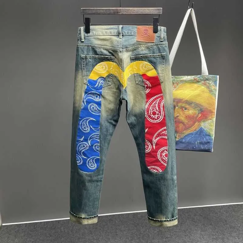 Evisue jeans män jeans raka byxor man skelett tryckt mönster broderi mopping byxor streetwear denim kläder för män evisue baggy 419