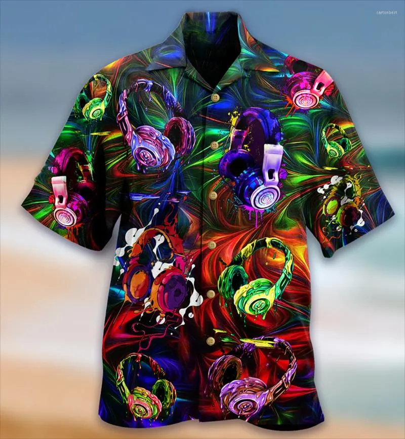 メンズカジュアルシャツ2023メンズハワイアンシングル胸男性3Dミュージックアニマルプリントクールルーズトップ半袖