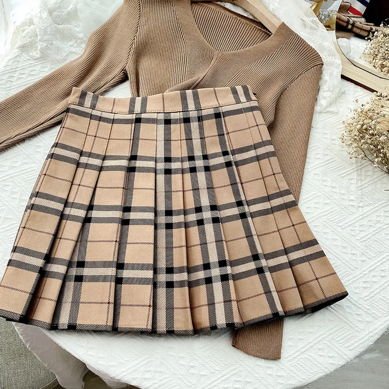 Women s Contrast Color Plaid Striped Pleated Mini Skirt Autumn High Waist A Line Student Style Sweet Mini Skirt