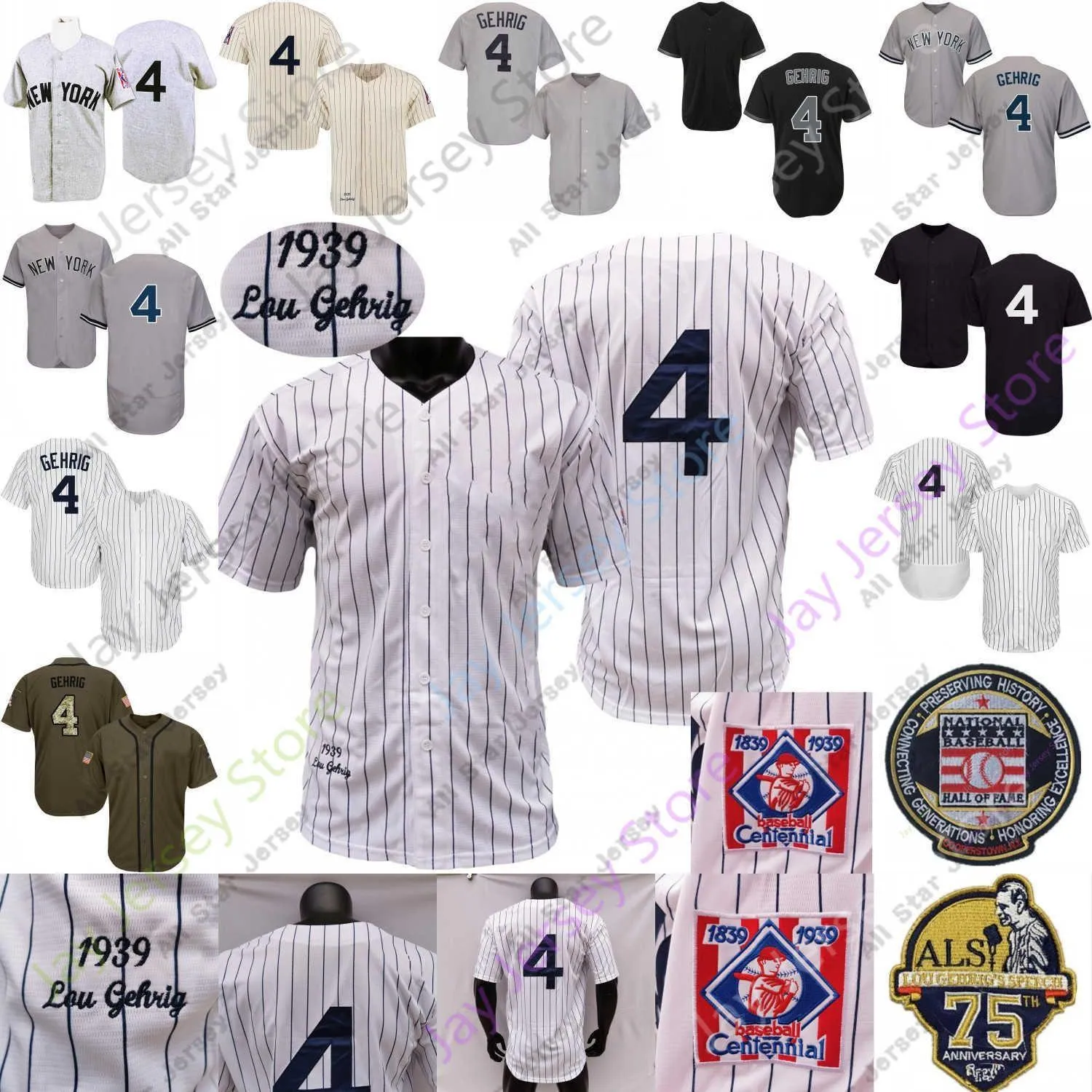CUSTOM Baseball Jerseys Lou Gehrig Retro Vintage Jersey 1939 Grey White