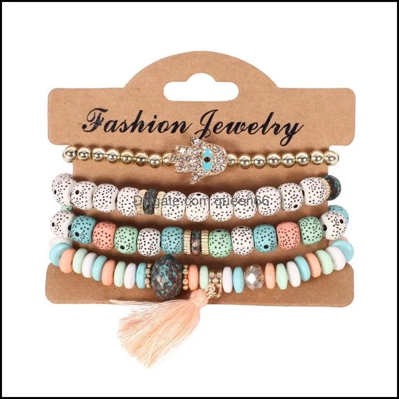 Bracelets porte-bonheur 4pcs / lot Bohème Vintage Bodhi Perles Chaînes Ensemble Pour Femmes Main De Fatima Gland Bracelet Bijoux De Mode Cadeau 166 Dh6Wi