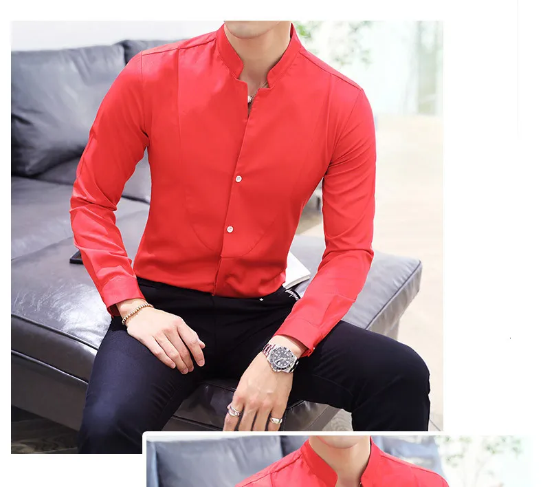 Camisa De Manga Larga Para Hombre Vogrtcc - Cuello Alto, Algodón, Corte Delgado, Color Rojo, Talla 3XL
