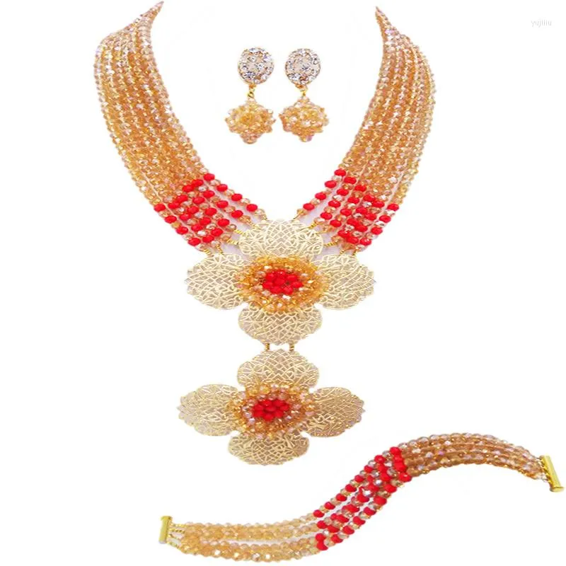 Ensembles de bijoux de mariage, mode or AB rouge Opaque, ensemble de perles africaines nigérianes, collier de perles en cristal, fête de mariée 6DHJZ004
