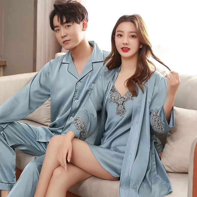 Mäns Sleepwear -fläck Silk Pyjama Set Sleepwears Sexig mjuk Homme mysig satin Nightgown Couples Lounge Nightwear Home Lovers 230111