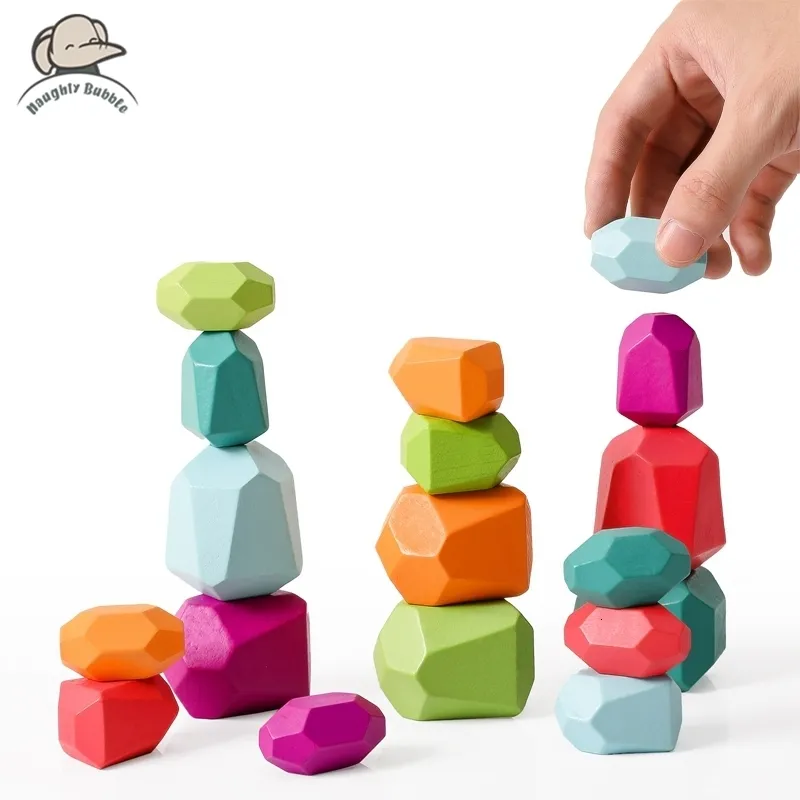 Blocks trä regnbågen som bygger färgglada trä leksaksblock stacker balanseringsspel montessori pedagogiska leksaker för barn 230111