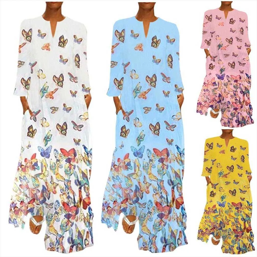 Ladies Ink Painting Butterfly Print Dress V Neck Long Sleeve Pocket Summer