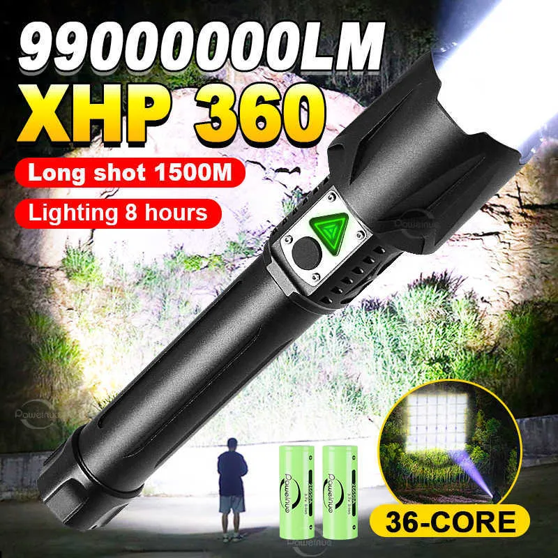 Flashlights Torches Super Bright XHP360 Krachtige zaklamp oplaadbare fakkellicht High Power LED -zaklampen met USB Charging Camping Lantern 0109