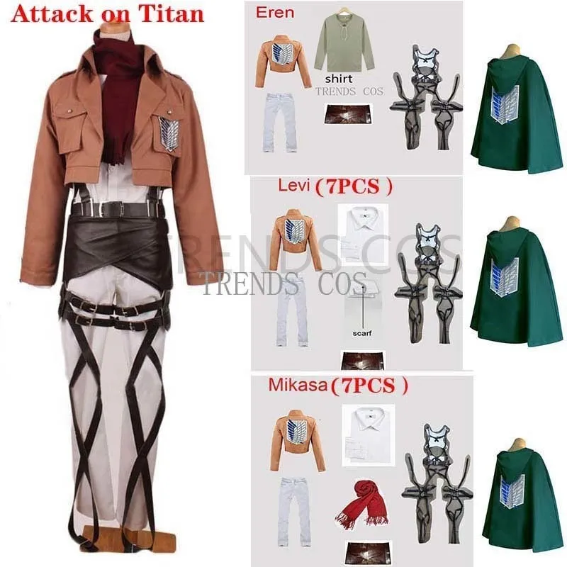 إكسسوارات الأزياء الذكور أنثى هجوم AOT على Titan Eren Jaeger Levi Ackerman Hange Zoe Cosplay قميص كامل القميص Pant Cape وشاح Wig 230111