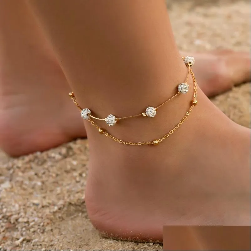 Anklets mode smycken dubbel lager anklet strand shambhala diamant boll rhintone kedja droppleverans dhkje