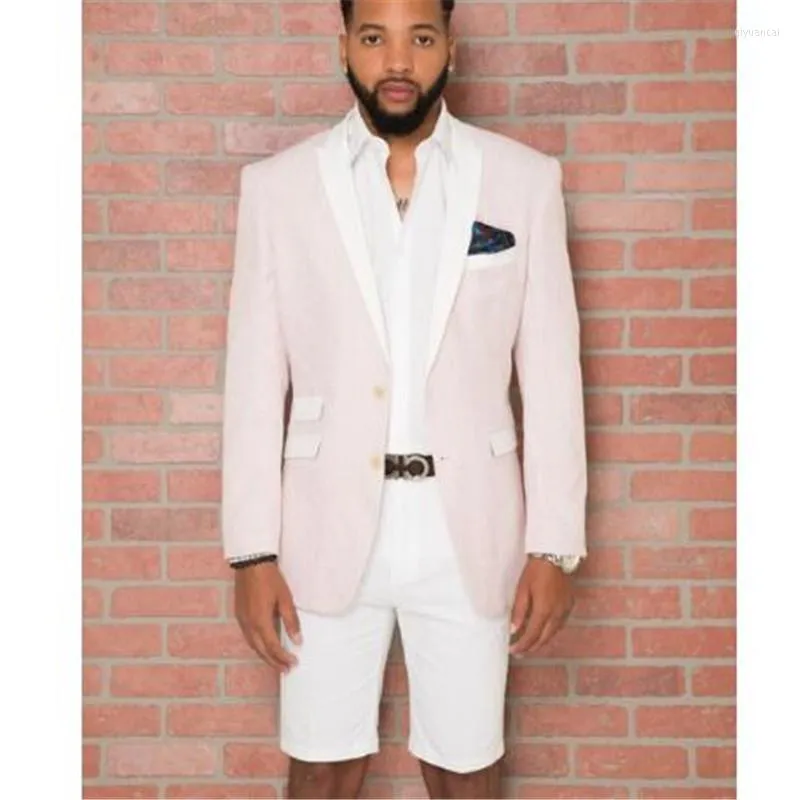 Costumes pour hommes 2023 sur mesure Beige hommes smoking avec revers blanc pantalon court 2 pièces (veste pantalon cravate) mince Style d'été