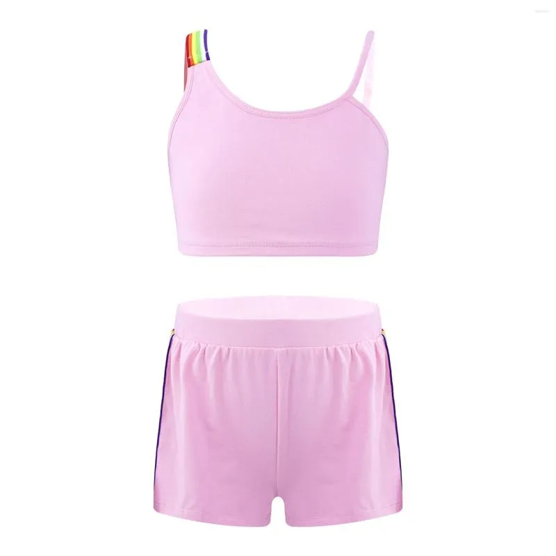 Bühnenkleidung für Kinder, Mädchen, Gymnastik, Workout, Sport-Outfits, Ballett-Tanz-Sets, ärmelloses Crop-Tanktop mit Shorts und Hosen