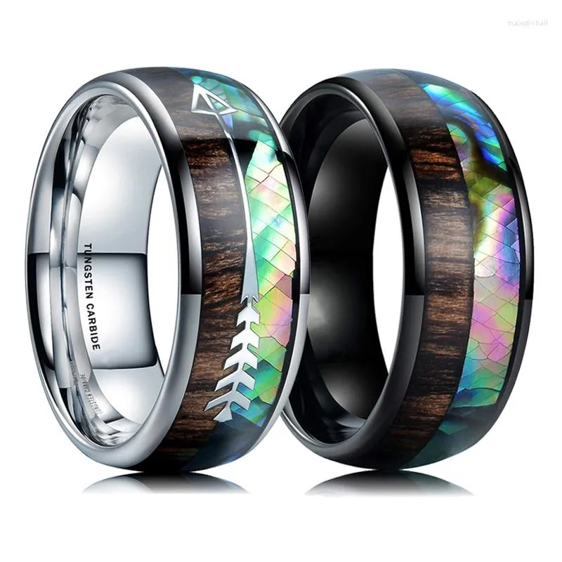 Wedding Rings 8mm Silver Color Black Stainless Steel For Men Women Koa Wood Abalone Shell Deer Antler Arrow Inlay Ring Band