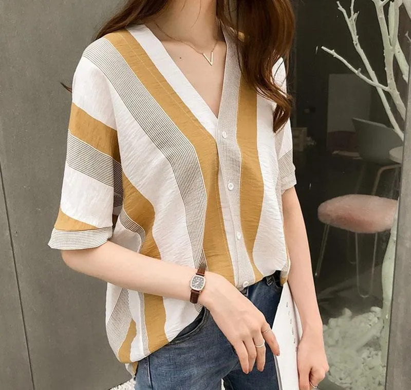 Women's Blouses Women Girls Loose V-Neck Stripes Short Sleeve Blouse Spring Summer Female Lady Casual Office Soft Tops Work Shirts Large