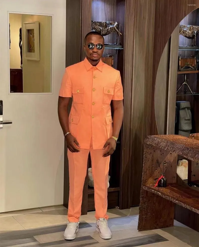 Herrenanzüge Sommer leuchtend orange Männer mit kurzen Ärmeln mit Hosen Klassisch lässig männlich Set Slim Wear Neuestes Design Anzugversorgung nach Maß