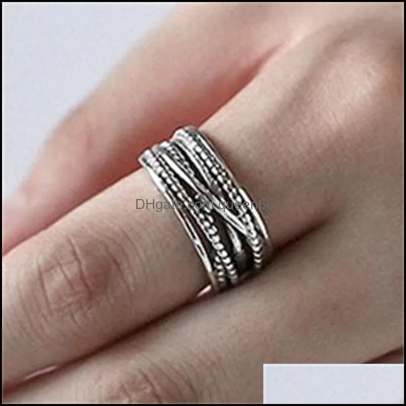 Полосовые кольца подлинные ювелирные изделия Sier 925 Sterling Mtilayer Wrap Twist Vintage Open Women Men Retro Регулируемая заявление 832 Drop Deliver