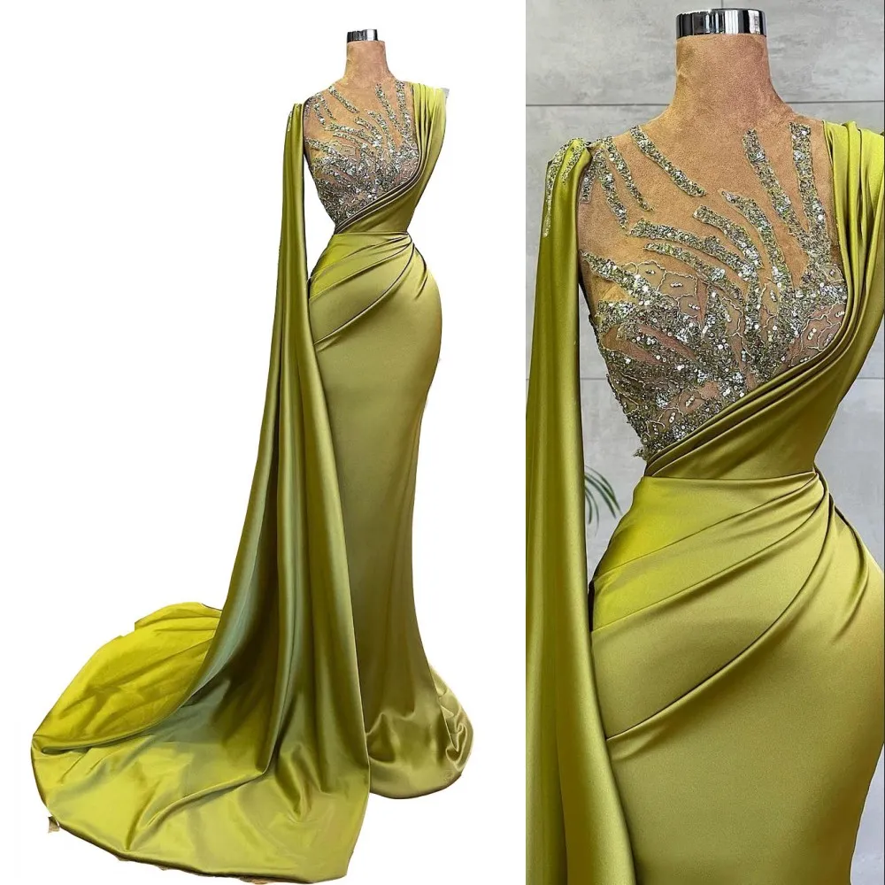 2023 Mermaid Evening Dresses Wear Arabic Lemon Green Satin Sheer Mesh Top Sequin Crystal Beads Ruched Party Formal Occasion Gowns Sweep Train Robe de soriee