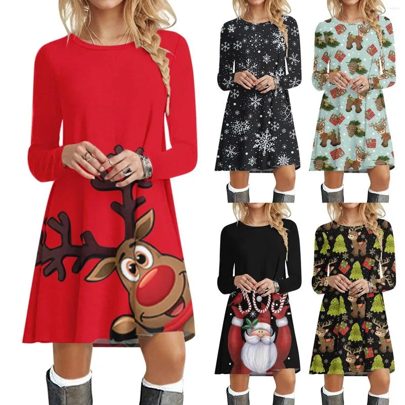 Casual Dresses Christmas Print Dress For Autumn And Winter Women Causal Printing Long Sleeve Loose O-neck Vestido Navidad Mujer