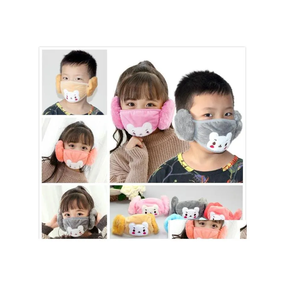 Party Masks 2 i 1 Child Cartoon Bear Face Mask er Plush Ear Protective Thick Warm Kids Mouth Winter Mouthmuffle Earflap Drop Delive Dhd0h