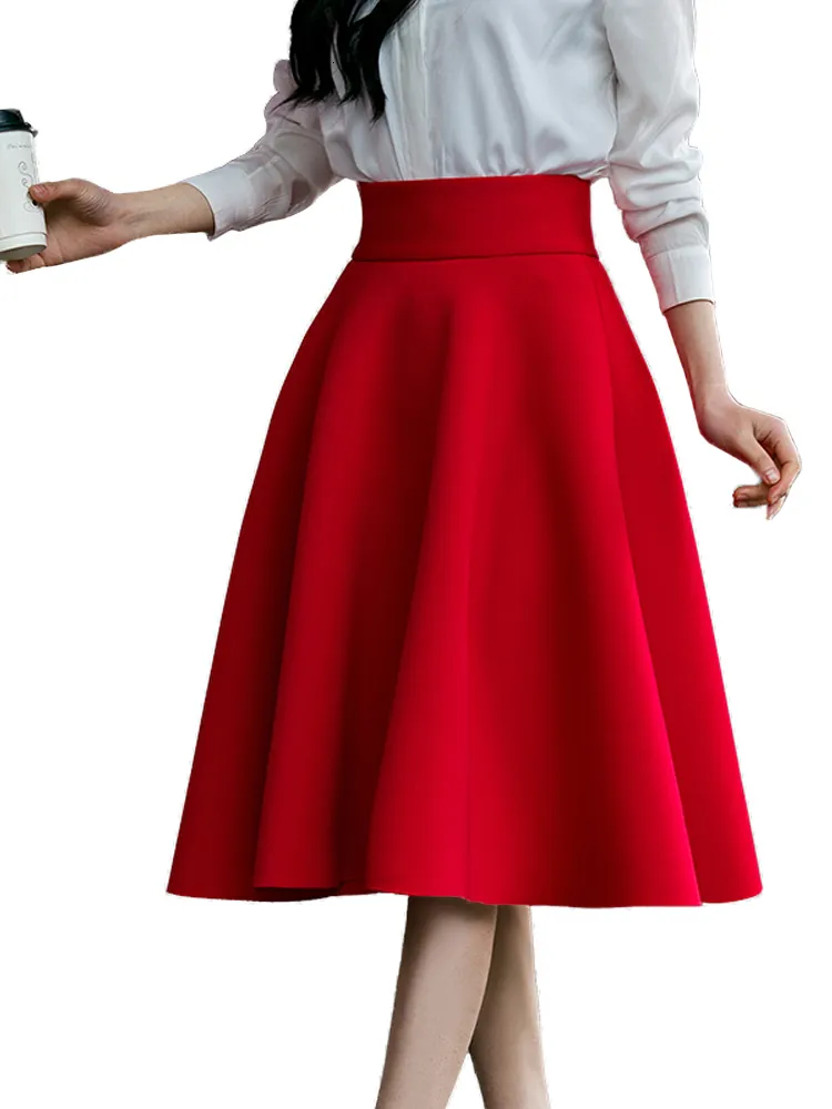 スカート XS5XL 女性ハイウエスト女性白膝丈ボトムスプリーツサイアミディピンク黒赤青ブルゴーニュ 230110