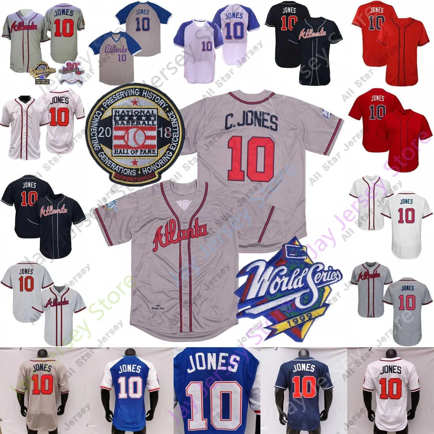 Maillots de Baseball PERSONNALISÉS Chipper Jones Jersey 1995 WS Blanc Gris Vintage 2018 Hall Of Fame Retirement Patch Crème Marine Rouge Pull Taille S-3X