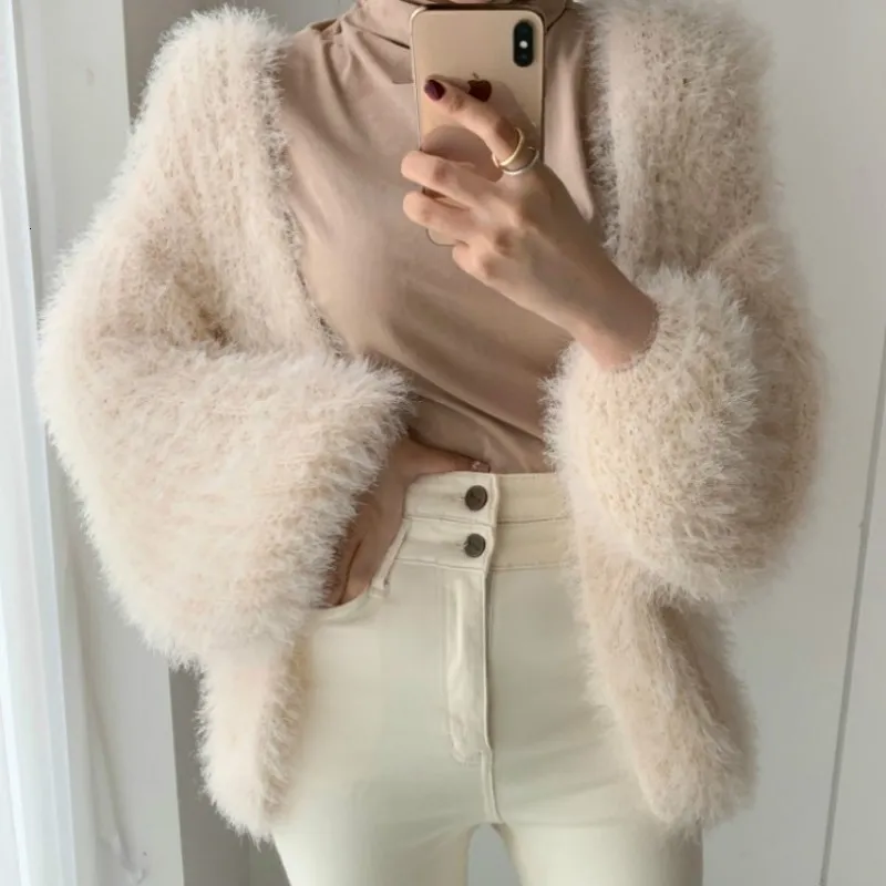 Women's Knits Tees V-neck Furry Loose Knit Cardigan Mohair Crochet Sweater Jacket Faux Fur Plush Velvet Lantern Sleeve Top 230111