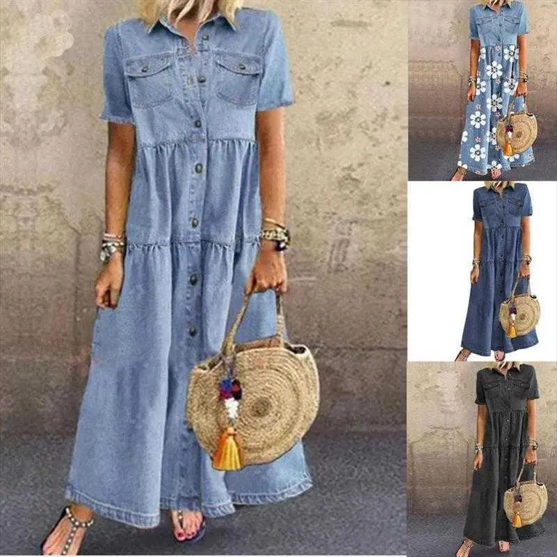 Outong Denim Style Long Dress Multi Button Printed Distressed