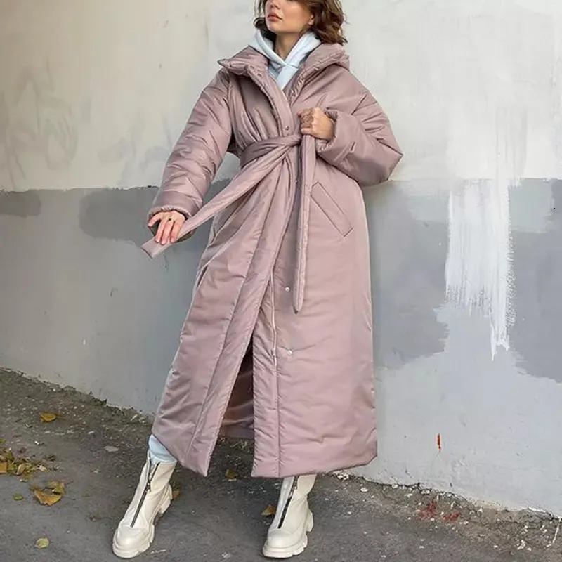 Frauen Unten Parkas 2023 Winter Feste Kapuze Mode Krawatte Gürtel Gesammelt Taille Mäntel Elegante Lange Baumwolle Jacken Weibliche Ladies 230111