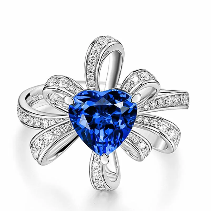 Pierścienie klastra Bowknot Flower Chic Blue Crystal Sapphire Sapphone Diamenty dla kobiet biały złoto kolor mody Akcesoria