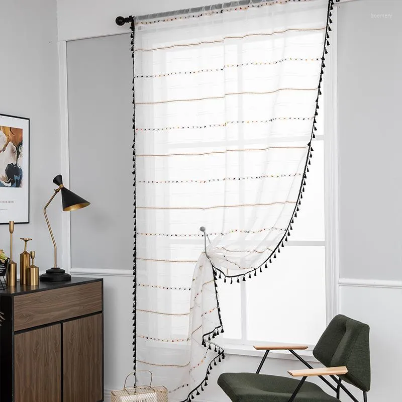 Curtain 1 Pcs Finished Geometric White Window Screen Tassel American Small Floor-to-ceiling Bay