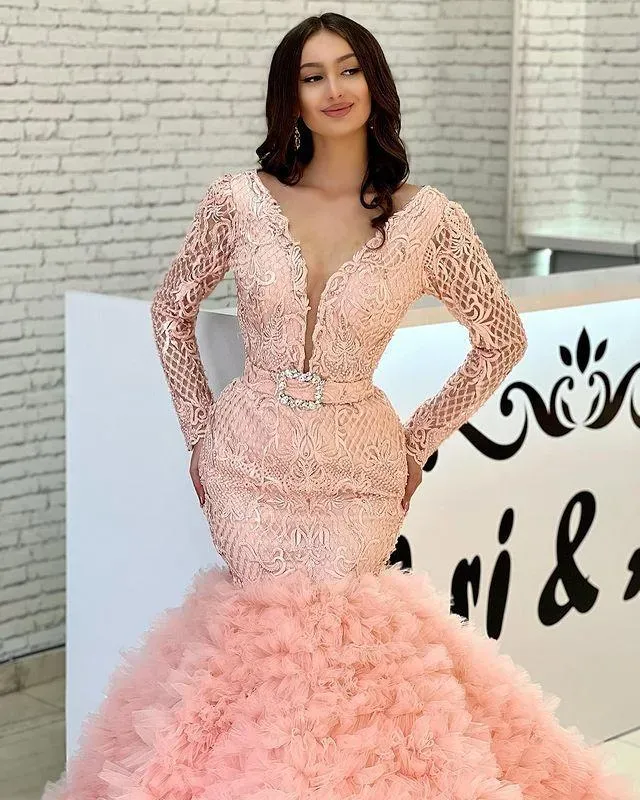 2023 Prom Dresses Arabic Mermaid V Neck Pink Beads Crystal Lace Long Sleeves Tiered Ruffles Tulle Formal Evening Gowns Custom Plus Size Pageant Wear Party Gowns