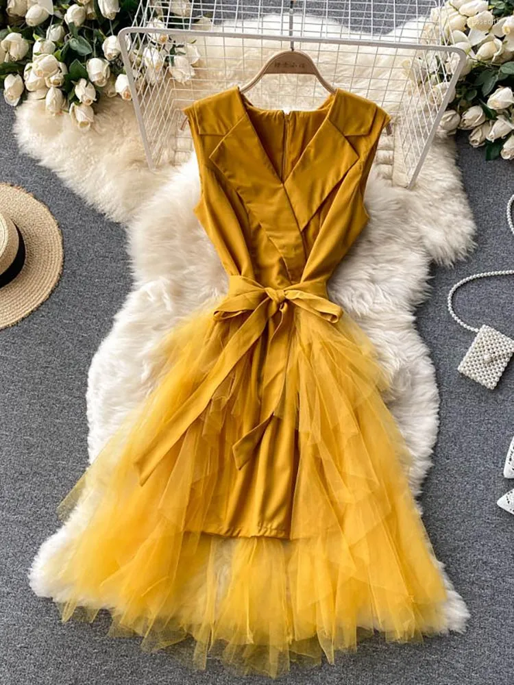 Casual Dresses Women Yellow/Pink/Red Mesh Patchwork Dress Autumn Notched Collar Sleeveless High Waist Slim Vestidos Female Elegant Robe