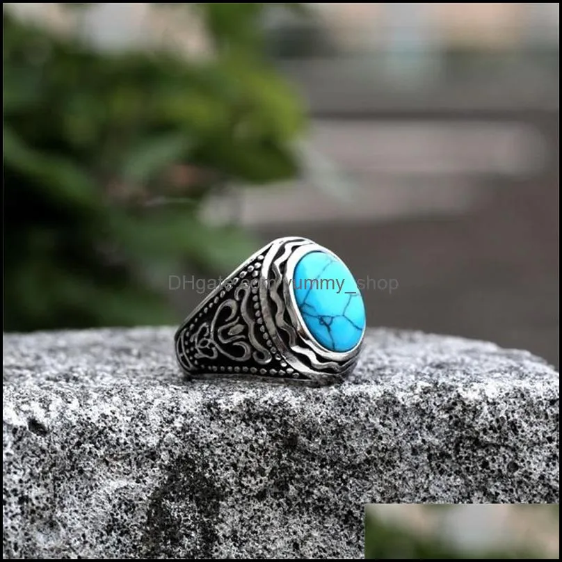 Cluster Rings Warrior New Jewelry Set Turquoise Titanium Steel Ring Personalized Tiger Eye Stone Mens 812 R2 Drop Delivery Dhbdq