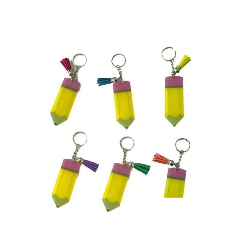 Feest gunst DHS gepersonaliseerde potlood Keychain Diy lege acryl sleutelhanging met kwastje creatieve rugzak hangende hanger f0413 drop deli dhov9