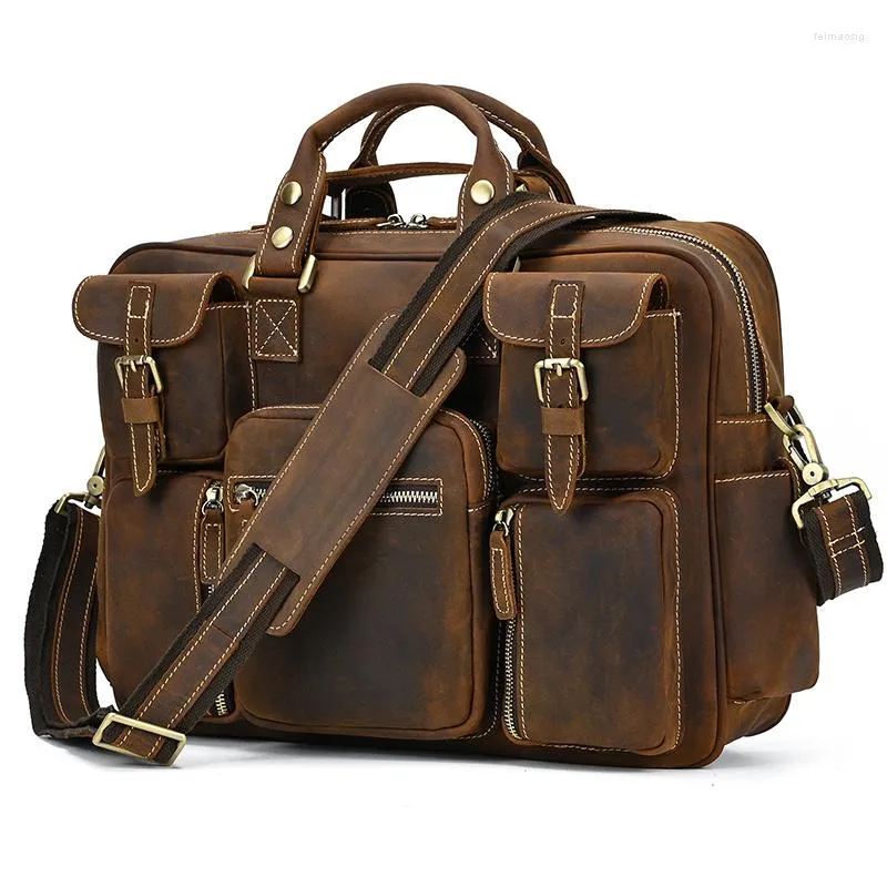 Briefcases Men Crazy Vintage Horse Briefcase Large Laptop Genuine Leather Business Work Tote Travel Cowhide Messenger Bag