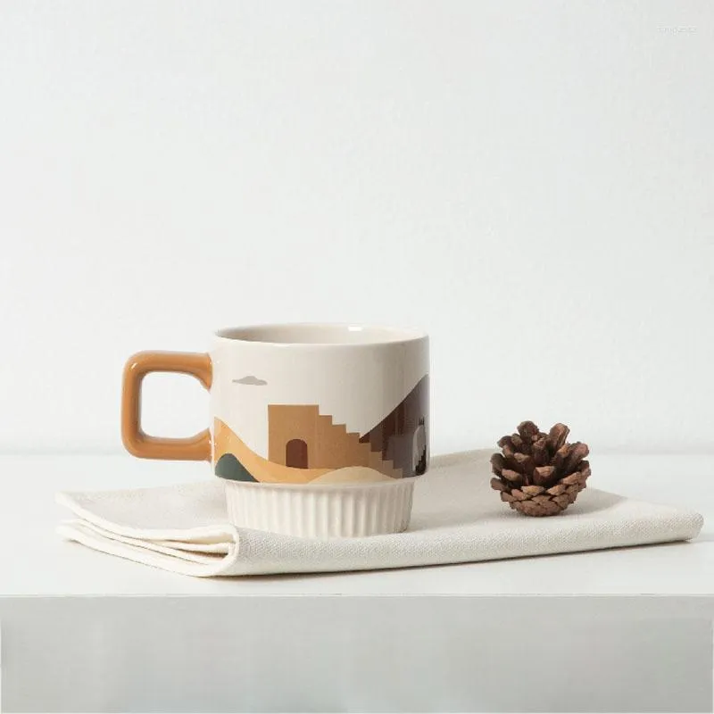 أكواب Tingke American Simple Style Desert Green Plant Pattern Ceramic Ceramic Cermic Nordic Ins Light Luxury Retro Coffee Cup