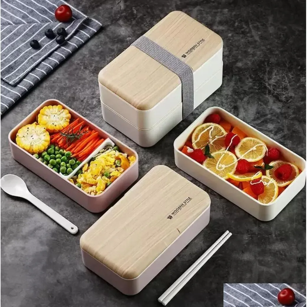 Сумки для ланч -коробки двойная коробка 1200 мл деревянного салата Bento Boxes Микроволновый портативный контейнер для рабочих студент 0106 Drop Dhcud