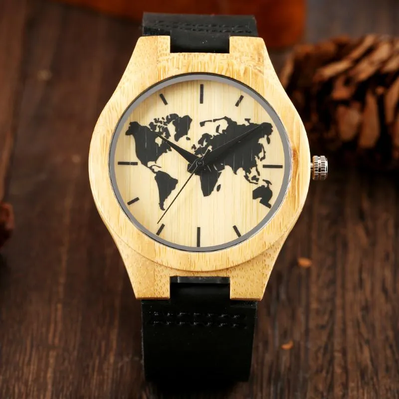 Armbandsur Creative Men's Bamboo Watch Pattern Art Ink Display Fashion Men äkta läder Armbandsur Klocka timme Trä Watchwristwatc