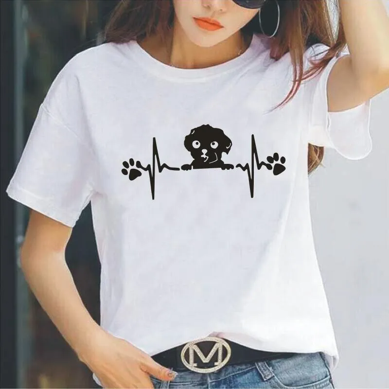 Women's T Shirts Women Tshirt Summer Short Sleeve Shirt Girls Ladies Heartbeat Tee Femme Cute Maltese Dog Print Casual Tops