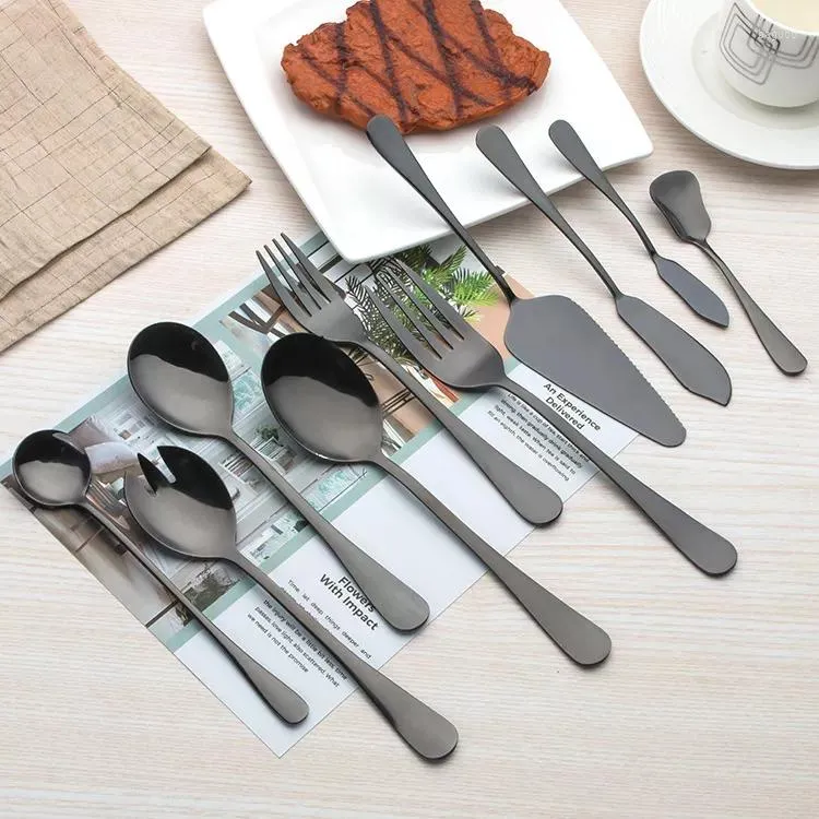 Dinnerware Sets Black Shiny Stainless Steel Cutlery Western Style Steak Knife Fork Dessert Fruit Dining Tableware