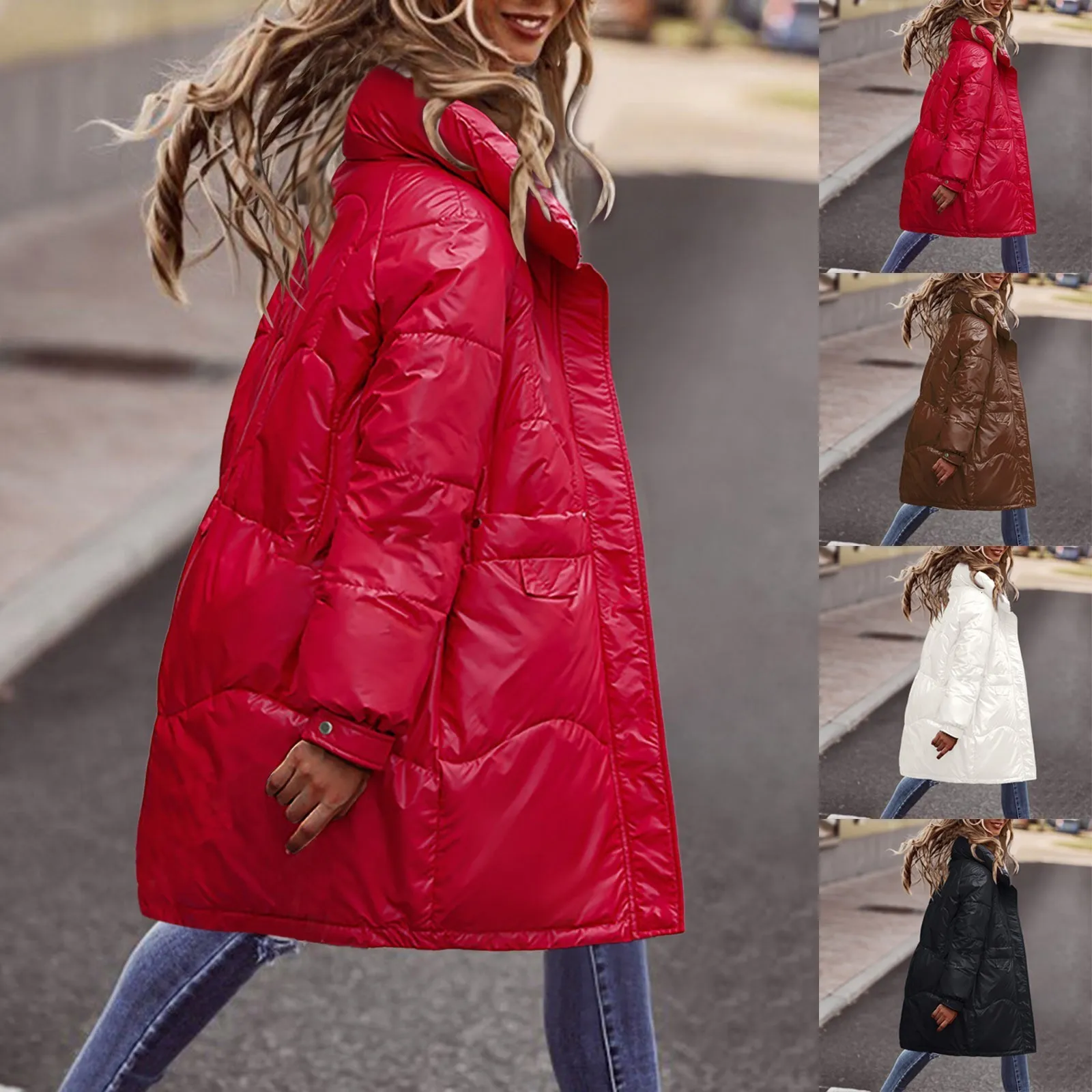 Kvinnor Down Parkas Fashion Women Bright Pu Red Black Puffer Jacket Winter Warm Bubble Coats Shiny Leather Zipper L5 230112